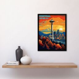 Artery8 Wall Art Print Seattle Washington The Space Needle Funky Modern Painting Art Framed in Black - Size: A4 - thumbnail 4