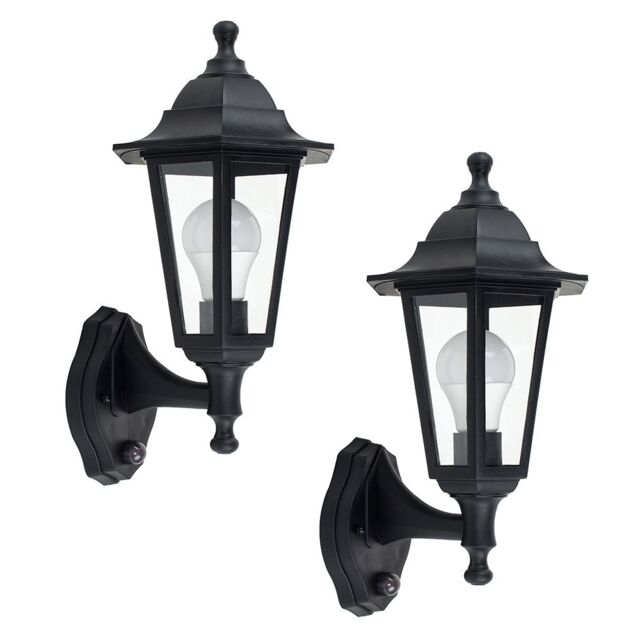 ValueLights Mayfair Pair Of Traditional Style Black Outdoor Security PIR Motion Sensor IP44 Wall Light Lanterns - image 1
