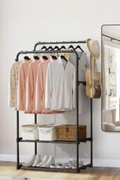 Living and Home 2 Rod Metal Clothes Rack Garment Rack Holder with 2-tier Shelves Indoor Bedroom in Black