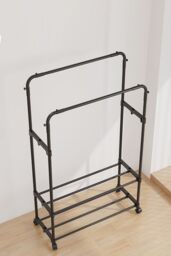 Living and Home 2 Rod Metal Clothes Rack Garment Rack Holder with 2-tier Shelves Indoor Bedroom in Black - thumbnail 3