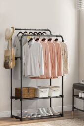 Living and Home 2 Rod Metal Clothes Rack Garment Rack Holder with 2-tier Shelves Indoor Bedroom in Black - thumbnail 2