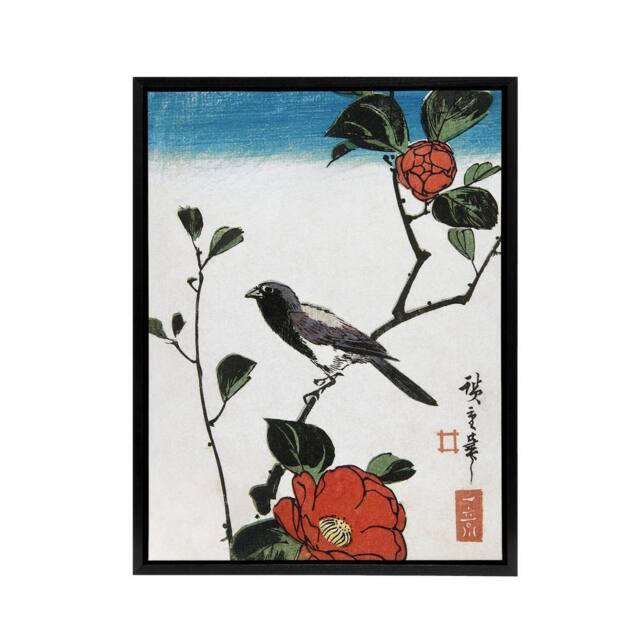 "Artery8 Japanese Bird On Camellia Branch Framed Canvas Wall Art Print Hiroshige in Red - Size: W12"" x H16""" - image 1