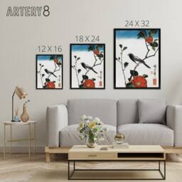 "Artery8 Japanese Bird On Camellia Branch Framed Canvas Wall Art Print Hiroshige in Red - Size: W12"" x H16""" - thumbnail 4