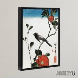 "Artery8 Japanese Bird On Camellia Branch Framed Canvas Wall Art Print Hiroshige in Red - Size: W12"" x H16""" - thumbnail 2