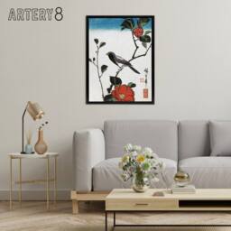 "Artery8 Japanese Bird On Camellia Branch Framed Canvas Wall Art Print Hiroshige in Red - Size: W12"" x H16""" - thumbnail 3