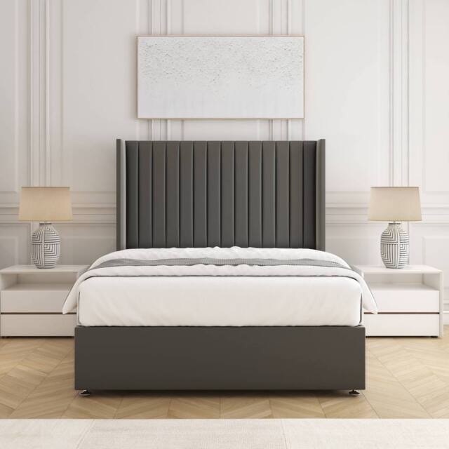 "BSSPOKE Manhattan Divan Bed Plush Velvet 54"" Headboard & Mattress No Drawers in Grey - Size: Super King" - image 1