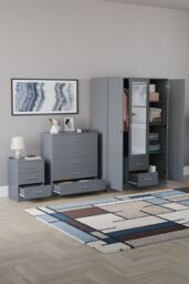 Home Discount Vida Designs 3Pc Bedroom Set 3Bedside, 5 Drawer Chest, Mirror Wardrobe in Grey - thumbnail 2