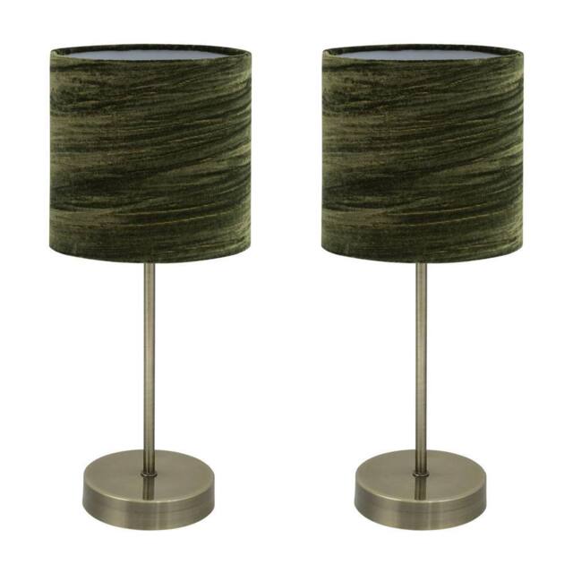First Choice Lighting Set of 2 Antique Brass Stick Table Lamps with Green Velvet Shades in Bronze - image 1