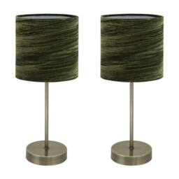 First Choice Lighting Set of 2 Antique Brass Stick Table Lamps with Green Velvet Shades in Bronze