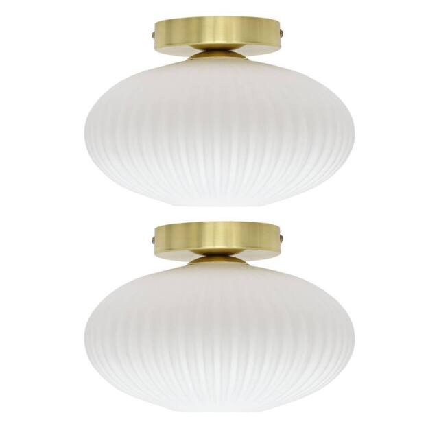First Choice Lighting Set of 2 Baton - White Ribbed Oval Glass Satin Brass Ceiling Lights - image 1