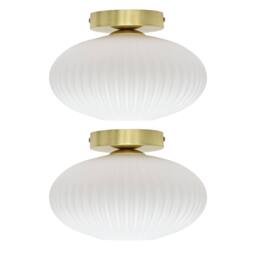 First Choice Lighting Set of 2 Baton - White Ribbed Oval Glass Satin Brass Ceiling Lights