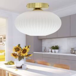 First Choice Lighting Set of 2 Baton - White Ribbed Oval Glass Satin Brass Ceiling Lights - thumbnail 5