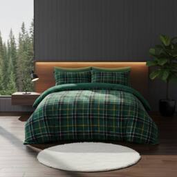 Snug City Ultra Soft Teddy Duvet Cover Tartan Check Reversible Fleece Bedding in Green - Size: Single - thumbnail 1