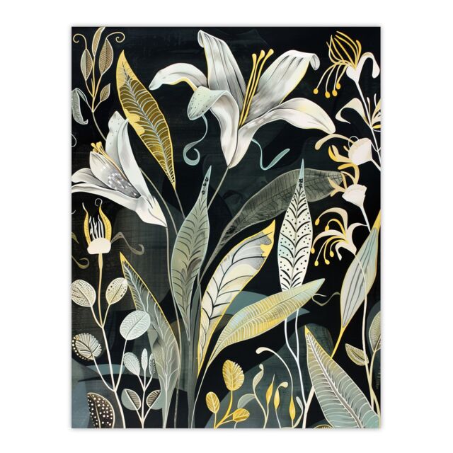 "Artery8 Lily Flowers Dark Stylised Floral Painting Wall Art Print in Black - Size: W24"" x H32""" - image 1