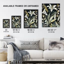 "Artery8 Lily Flowers Dark Stylised Floral Painting Wall Art Print in Black - Size: W24"" x H32""" - thumbnail 3