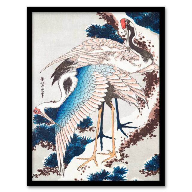 Artery8 Katsushika Hokusai Framed Wall Art Print Cranes On A Snowy Tree in Blue - Size: A4 - image 1