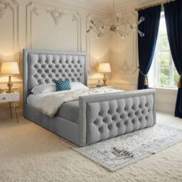 Casani Thorpe Glitter Border Upholstered Grey Soft Velvet Designer Bed Frame - Size: Super King
