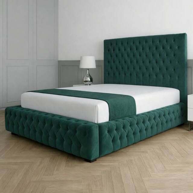 Living Comfort Bedz Countess Plush Velvet Upholstered Bed Slatted Base - 48Inch Headboard in Green - Size: Super King - image 1