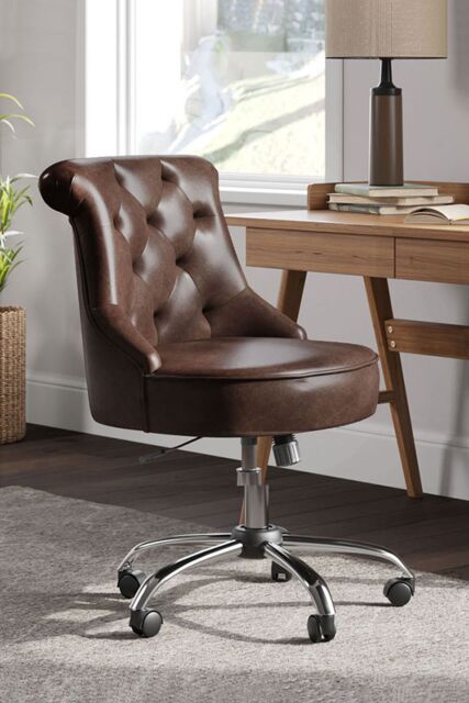 Living and Home Mid-Back Leather Buttoned Swivel Office Chair in Brown - image 1