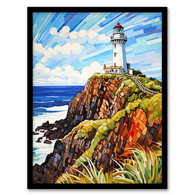 "Artery8 Cape Byron Australia Vibrant Artwork Iconic Lighthouse Atop Cliffs Coastal Landscape Art Print Framed Poster Wall Decor - Size: W12"" x H16""" - image 1