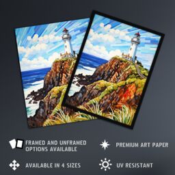 "Artery8 Cape Byron Australia Vibrant Artwork Iconic Lighthouse Atop Cliffs Coastal Landscape Art Print Framed Poster Wall Decor - Size: W12"" x H16""" - thumbnail 2