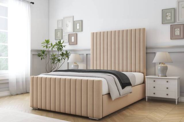 "Comfort Beds Khloe Plush Bed Frame - 50"" Upholstered Headboard in Stone - Size: Double" - image 1