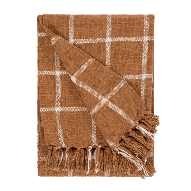 Yard Beni Slub Cotton Check Throw in Burnt Orange - Size: 130 cm x 180 cm - image 1
