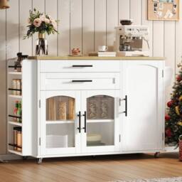 Merax White Mobile Kitchen Island Storage Cabinet with Foldable Worktop - thumbnail 9