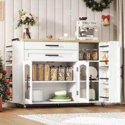 Merax White Mobile Kitchen Island Storage Cabinet with Foldable Worktop - thumbnail 8