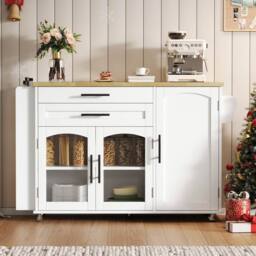 Merax White Mobile Kitchen Island Storage Cabinet with Foldable Worktop - thumbnail 1