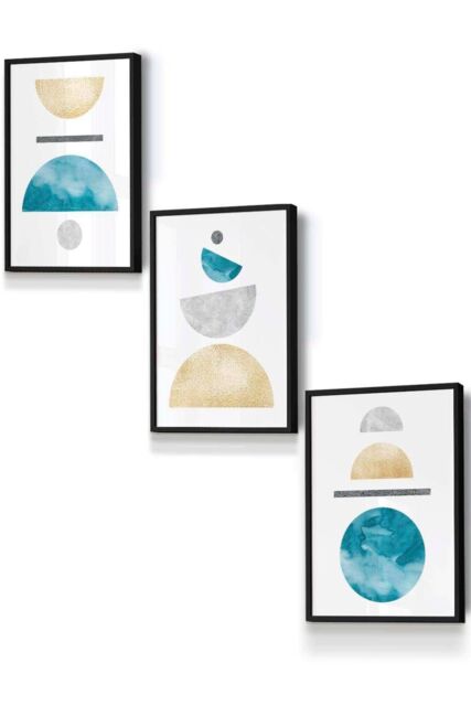 ARTZE Yellow & Aqua Blue Abstract Mid Century Geometric Framed Wall Art - Small in Black - Size: W33 cm x H45 cm x D20mm - image 1