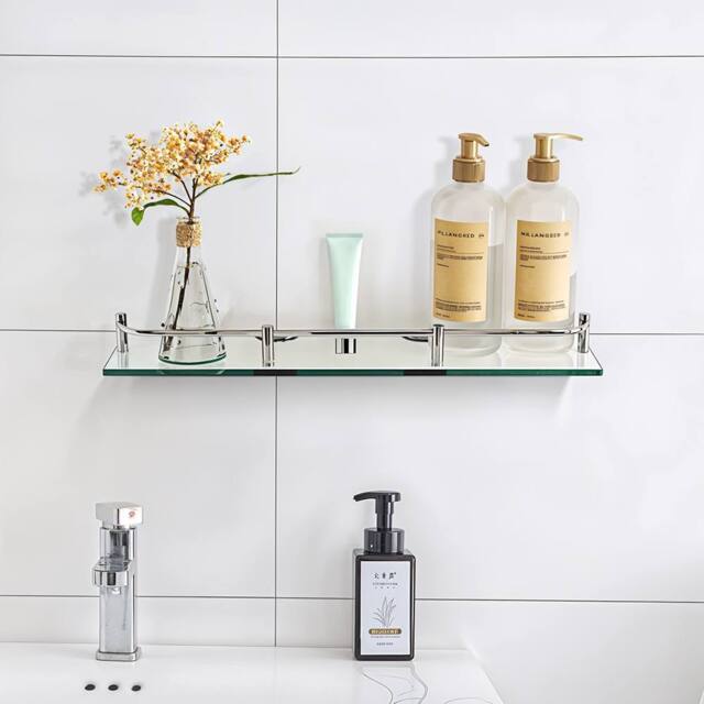 Garden Sanctuary Shelf Tempered Glass 6MM Thick Storage Organizer Wall Mounted Bathroom in Silver - image 1