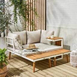 sweeek 4-seater Modular Aluminium & Acacia Garden Lounge Set in Beige - thumbnail 4