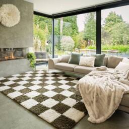 Kukoon Green Beige Shaggy Checkerboard Checked Living Room Area Rug - Size: 80 cm x 150 cm - thumbnail 1