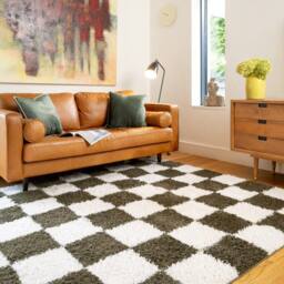 Kukoon Green Beige Shaggy Checkerboard Checked Living Room Area Rug - Size: 80 cm x 150 cm - thumbnail 3