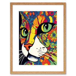 "Artery8 Wall Art Print Psychedelic Portrait Cat Acrylic Painting Close Up Vivid Mandala Patterns Artwork Framed 9X7 Inch in Beige - Size: W7"" x H9""" - thumbnail 1