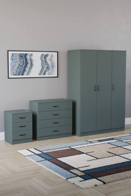 Home Discount Riano 3Pc Bedroom Set - 3 Drawer Bedside, 4 Drawer Chest & Wardrobe in Green - image 1