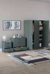 Home Discount Riano 3Pc Bedroom Set - 3 Drawer Bedside, 4 Drawer Chest & Wardrobe in Green - thumbnail 2