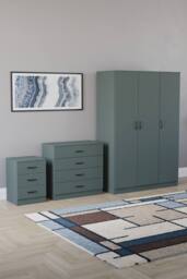 Home Discount Riano 3Pc Bedroom Set - 3 Drawer Bedside, 4 Drawer Chest & Wardrobe in Green