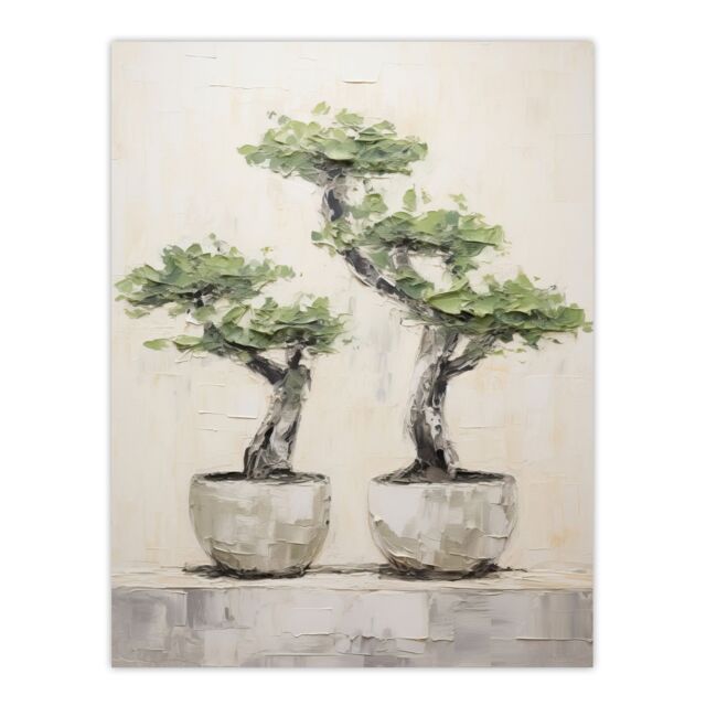 "Artery8 Wall Art Print Japan Bonsai Trees In Pots Oil Painting Pallet Knife Neutral Tone Textured Tree Artwork Poster - Size: W12"" x H16""" - image 1