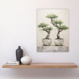 "Artery8 Wall Art Print Japan Bonsai Trees In Pots Oil Painting Pallet Knife Neutral Tone Textured Tree Artwork Poster - Size: W12"" x H16""" - thumbnail 4