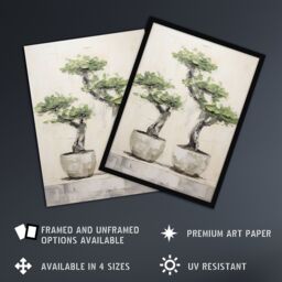 "Artery8 Wall Art Print Japan Bonsai Trees In Pots Oil Painting Pallet Knife Neutral Tone Textured Tree Artwork Poster - Size: W12"" x H16""" - thumbnail 2
