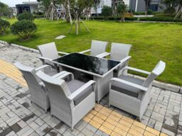Fimous Rattan Outdoor furniture Set Black Tempered Glass Table & 6 Chairs Set in Light Grey - thumbnail 2
