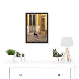 Artery8 Black Cat Contrast Yellow Brick Old Door A4 Artwork Framed Wall Art Print - thumbnail 2