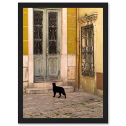 Artery8 Black Cat Contrast Yellow Brick Old Door A4 Artwork Framed Wall Art Print - thumbnail 1