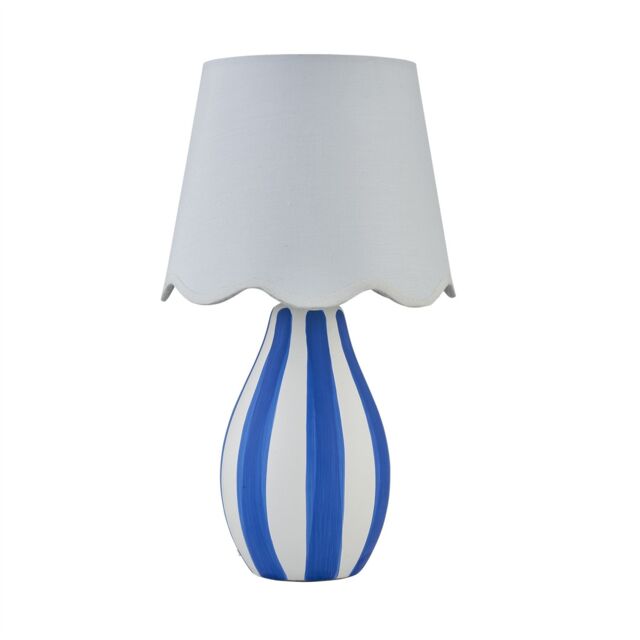 First Choice Lighting Connie - Blue & White Stripe Ceramic Table Lamp with Scalloped Shade