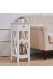 Wooden Side Table with One Storage Drawer & Shelf in White - thumbnail 1