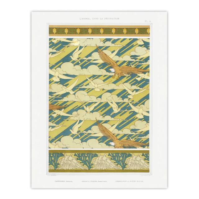 "Artery8 Eagles Doves Seashell Patterns Vintage Wall Art Print Verneuil in Green - Size: W24"" x H32""" - image 1