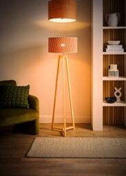 ValueLights Lottie Tripod Wooden Floor Lamp with Orange Checker Bamboo Lamp Shade - thumbnail 2