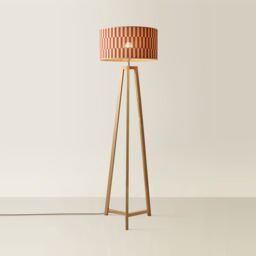 ValueLights Lottie Tripod Wooden Floor Lamp with Orange Checker Bamboo Lamp Shade - thumbnail 3